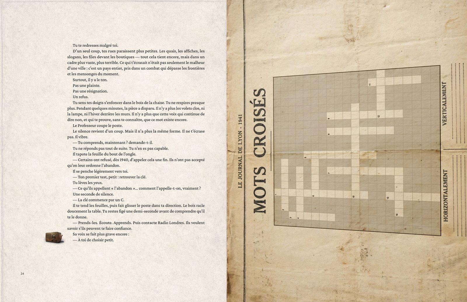 Double page du livre : fin du chapitre 1 et grille de mots croisés du « Journal de Lyon », 1941